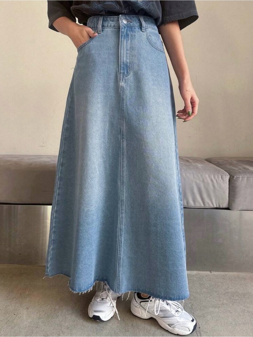 Light Blue Denim Maxi Skirt - Classic A-Line